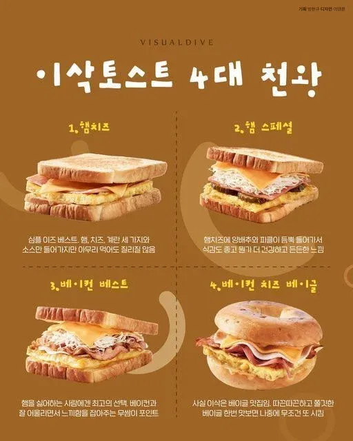이삭토스트 4대 천왕 메뉴와 특징을 소개한 이미지