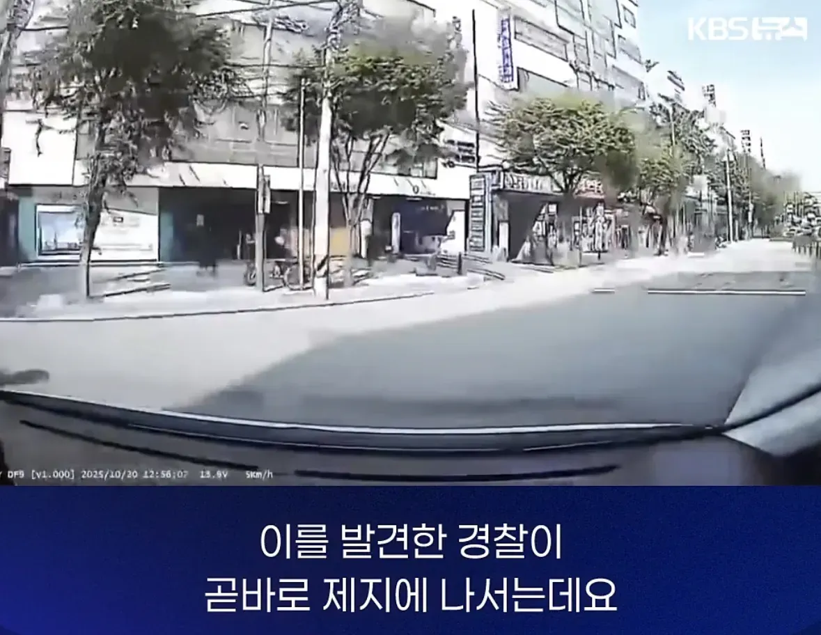경찰이 무단횡단하는 70대 노인을 제지하는 모습