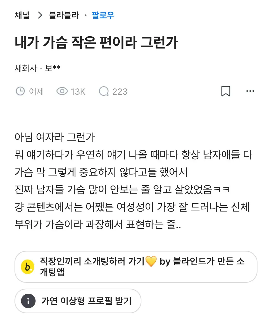 가슴이 작은 여성이 남성들의 가슴 인식을 이야기하는 온라인 글