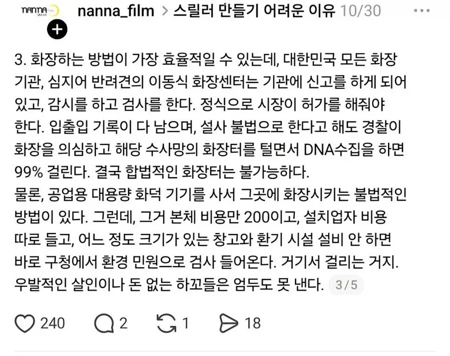 한국에서 시체 처리가 어려운 이유를 설명하는 한국어 글