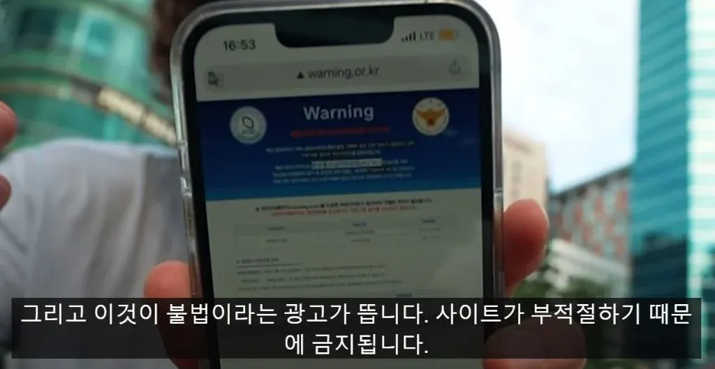 warning.or.kr의 불법 사이트 차단 안내 화면