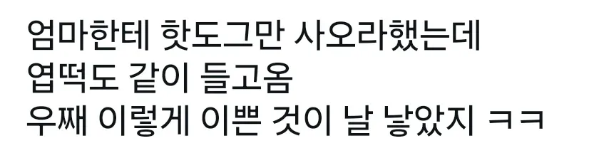 엄마가 핫도그와 엽떡을 함께 사 왔다는 메시지