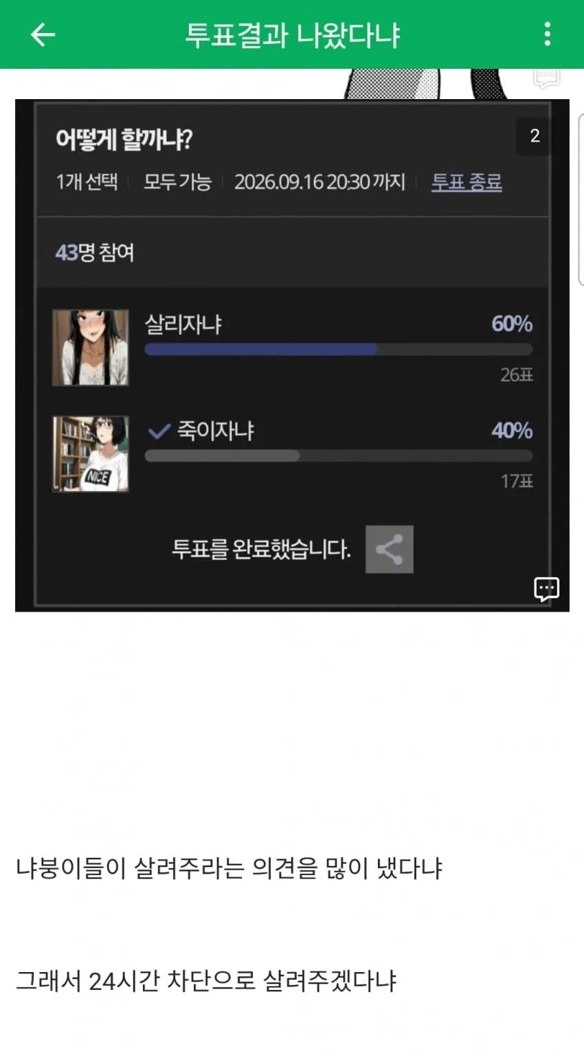 투표 결과 화면에 ‘살리자냐’ 26표(60%), ‘죽이자냐’ 17표(40%)로 총 43명이 참여했으며, 살려달라는 의견에 따라 24시간 차단하기로 했다는 안내가 표시되어 있다.