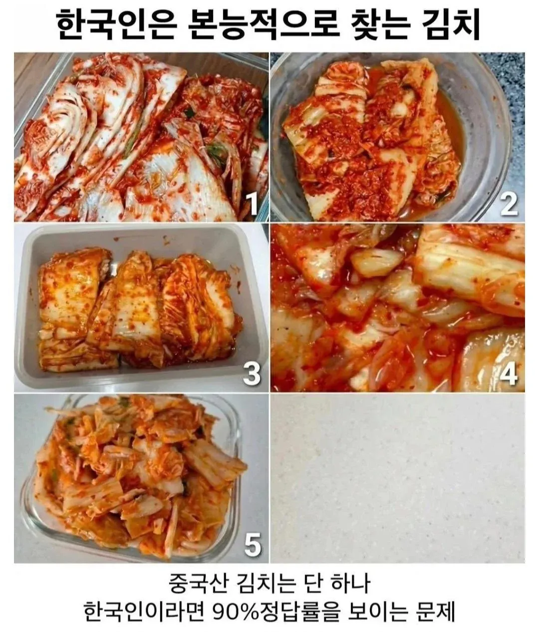 1~5번 김치 중 중국산 김치 하나를 고르는 문제