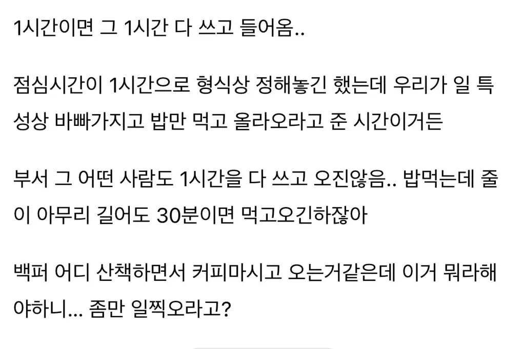 직원이 형식상 1시간인 점심시간을 모두 사용해 복귀하는 상황에서, 식사 후 조금 일찍 돌아오라고 말해도 될지 고민하는 내용의 글.