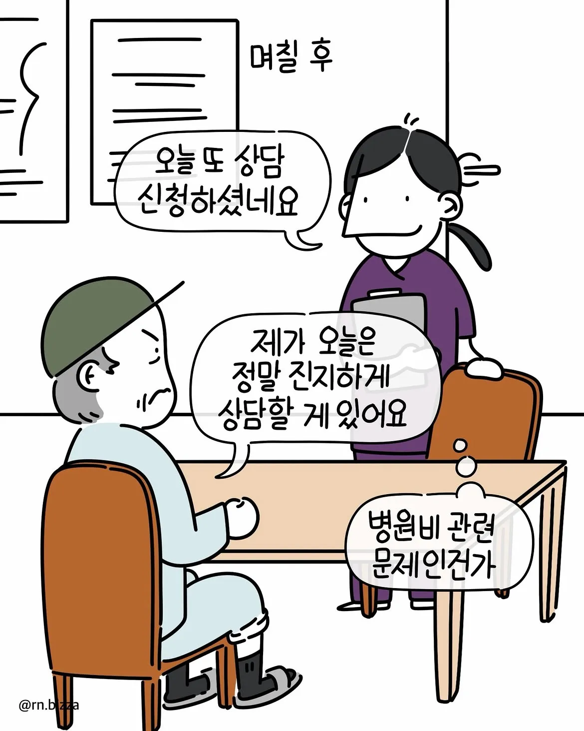 노인이 상담원에게 진지한 상담을 요청하는 장면