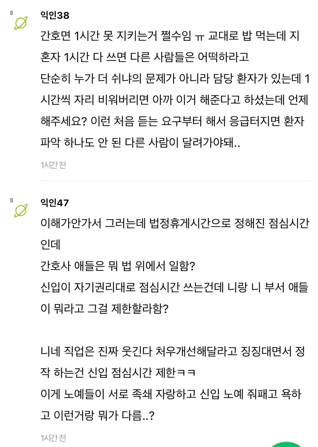 간호사의 법정 1시간 점심시간 사용과 환자 담당 공백 문제를 두고 논쟁하는 한국어 온라인 커뮤니티 게시글 캡처.
