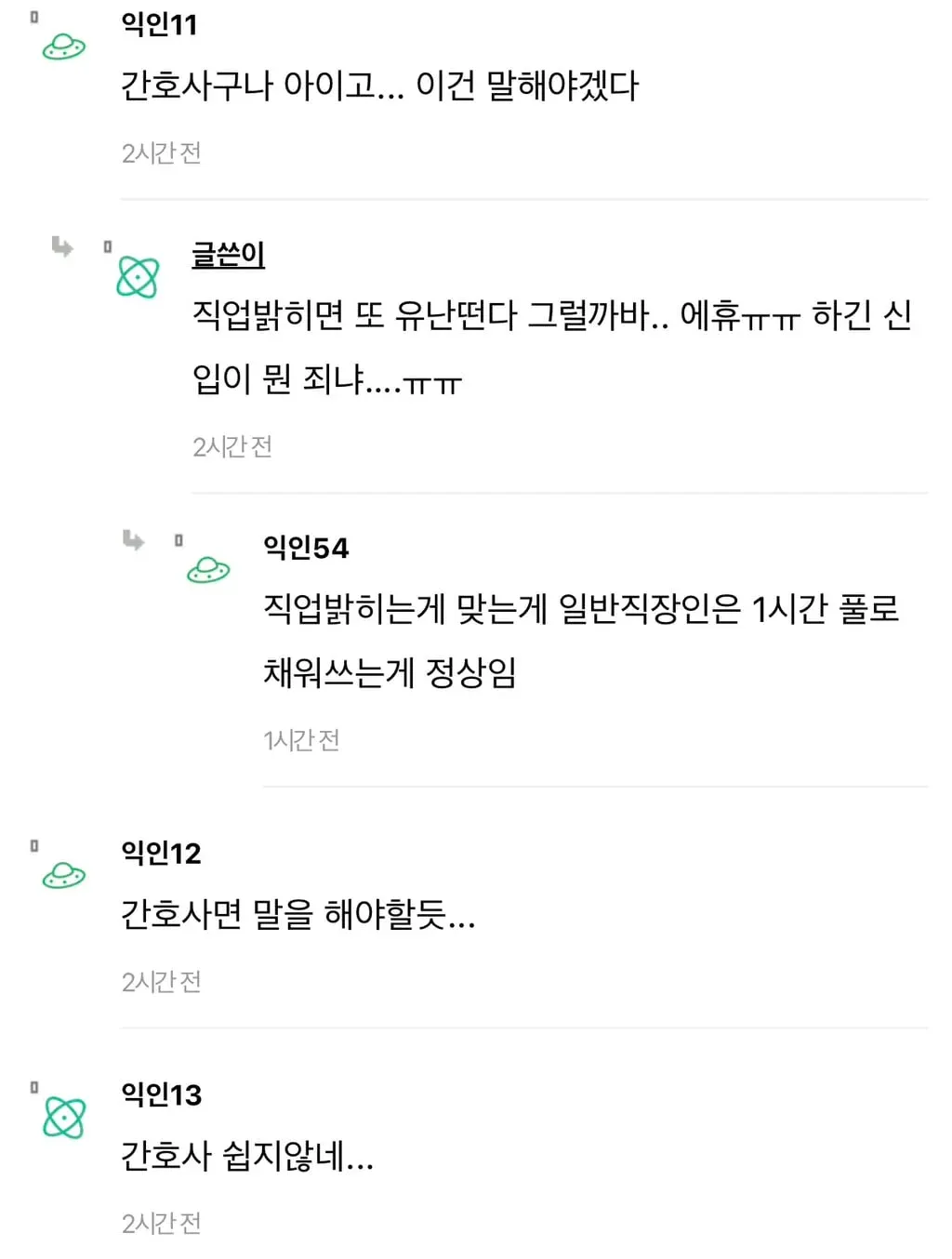 점심시간을 다 쓰고 복귀하는 직원에 대한 간호사들의 온라인 커뮤니티 대화
