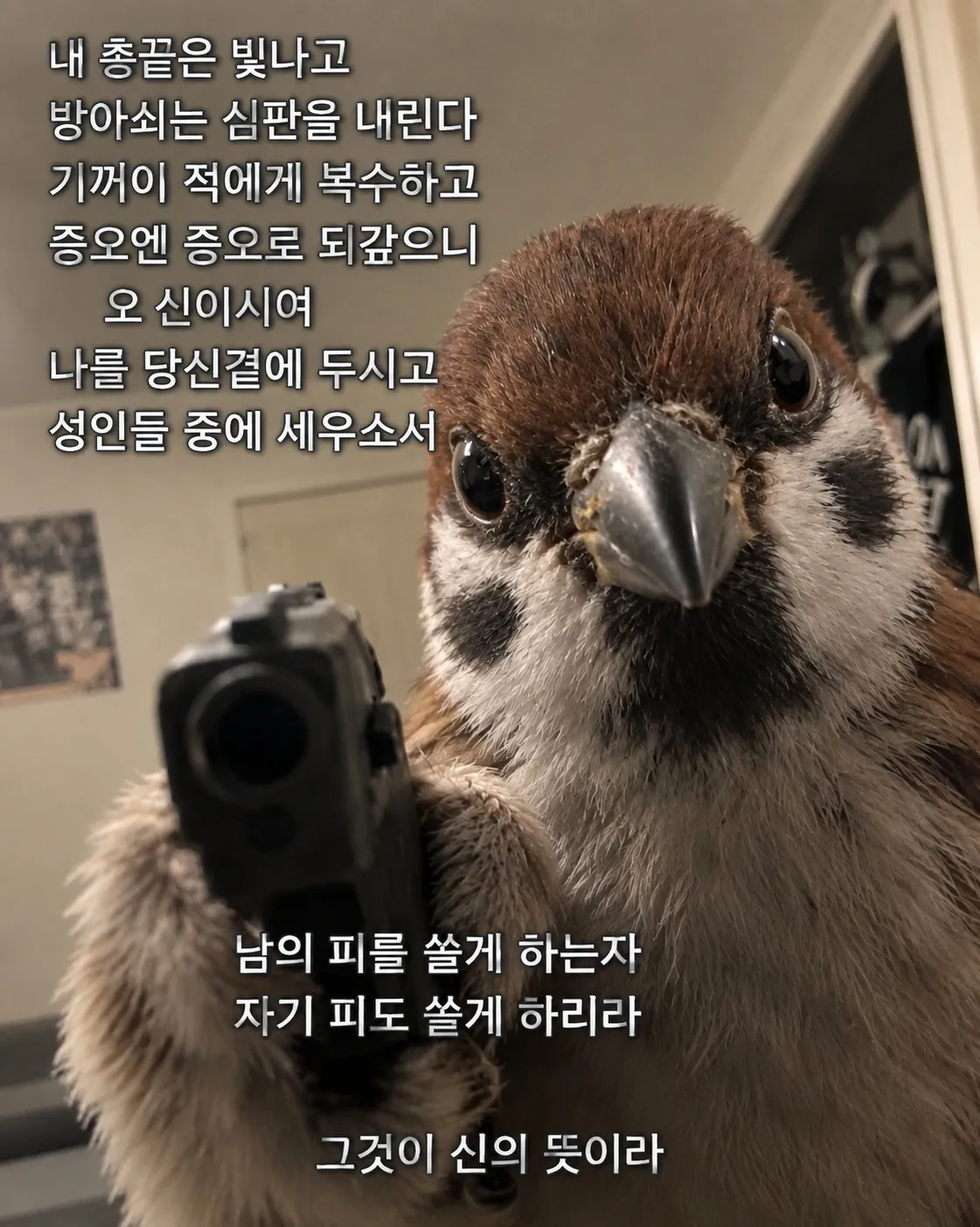 총과 복수를 신의 뜻으로 묘사한 문구가 적힌 이미지