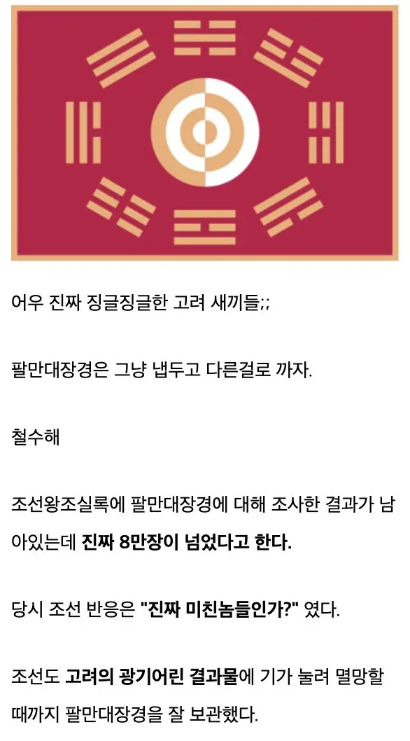 조선에서 팔만대장경을 보관한 이유를 설명하는 밈 이미지