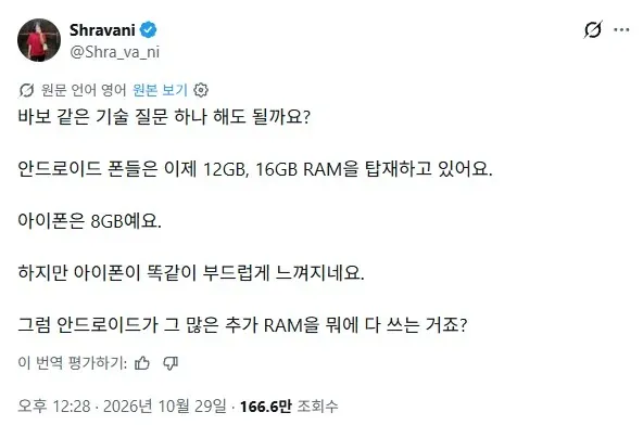 안드로이드와 아이폰의 RAM 용량 차이를 묻는 글.